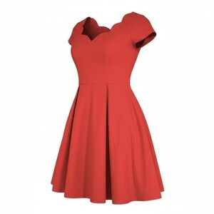 Belle Poque Pinup Dress sz M Red Scallop Neck Cap Sleeve Fit Flare Swing‎ Retro